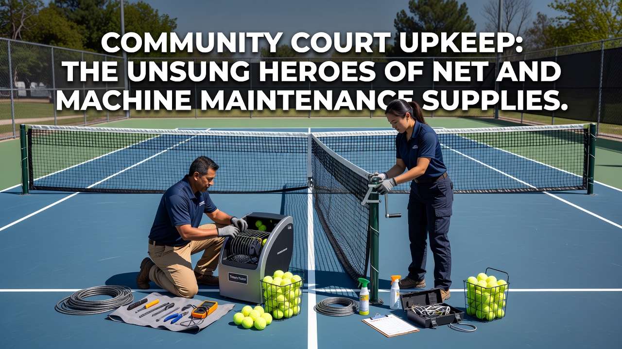 Technician performing maintenance on a tennis ball machine with tools and supplies laid out